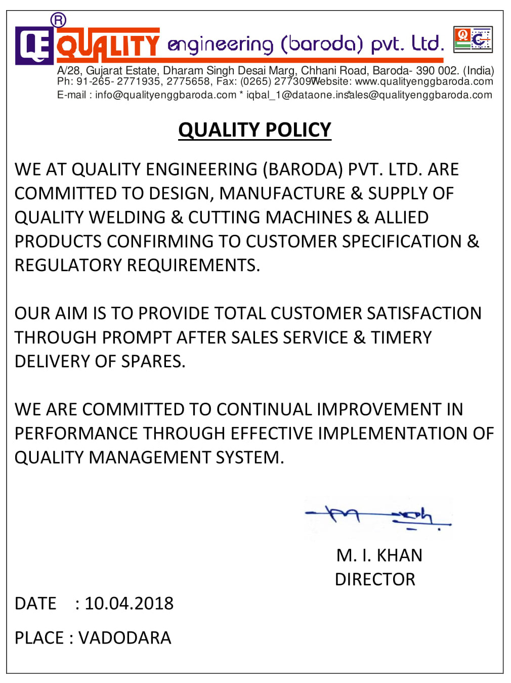 ISO QUALITY POLICY